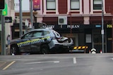 Crash scene, police car involved in pedestrian fatality, January 7, 2019.