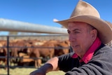 Pastoralist Steve Cadzow with cowboy hat outside in Alice Springs leaning on a fence.