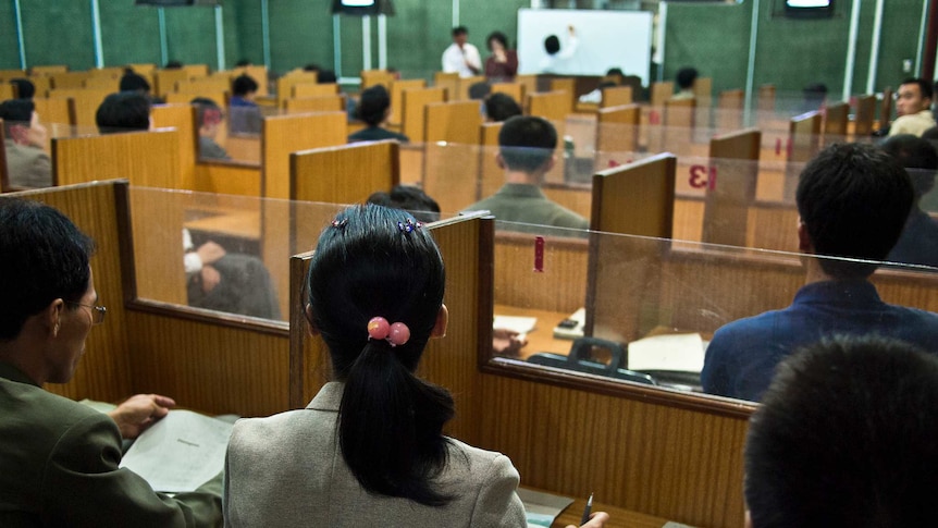 Rows of brown-wood dividers are seen from above in a dimly-lit North Korean library with green dividing walls.