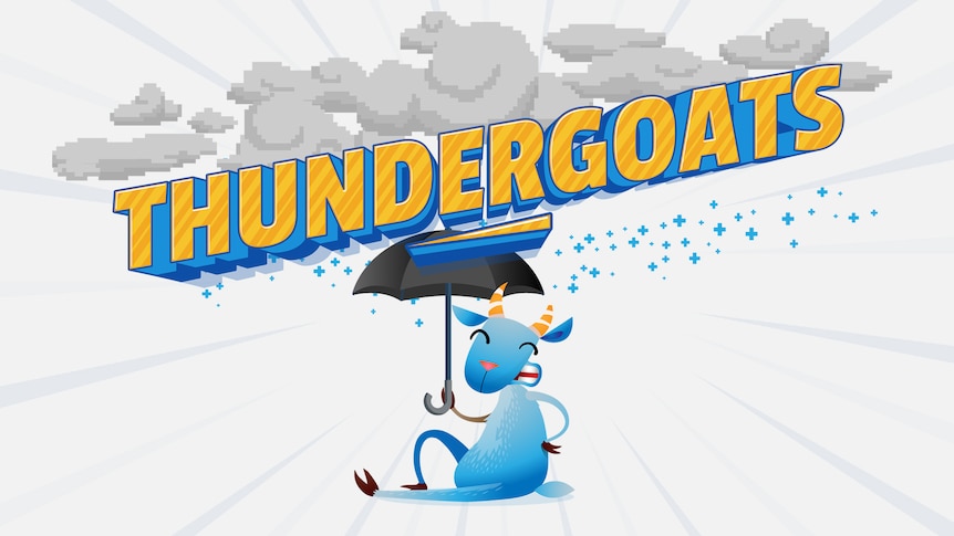 A cheeky goat sits laughing under an umbrella as a thunderstorm rains down on him. The title reads Thundergoats.