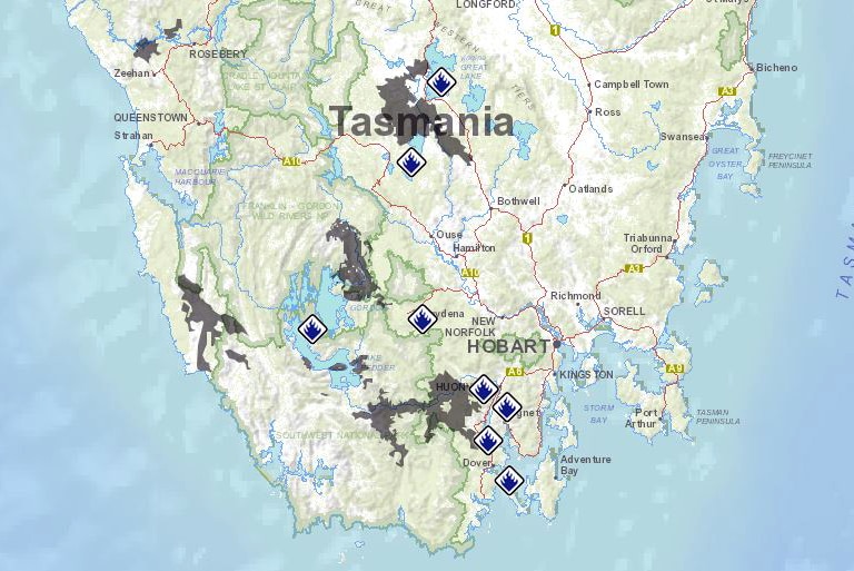 Map showing damage from Tasmanian bushfires
