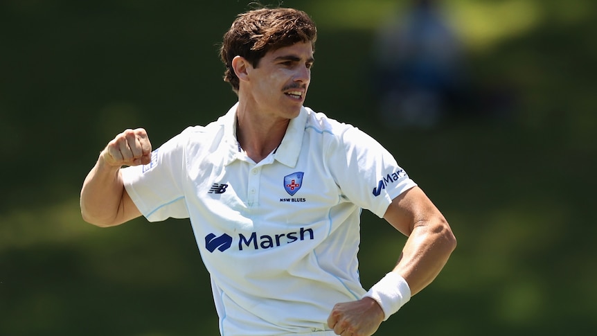 A NSW Sheffield Shield player pumps his right fist after taking a wicket against Victoria.