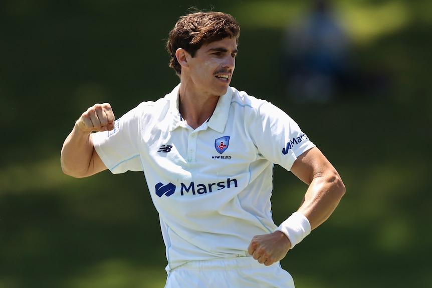 A NSW Sheffield Shield player pumps his right fist after taking a wicket against Victoria.