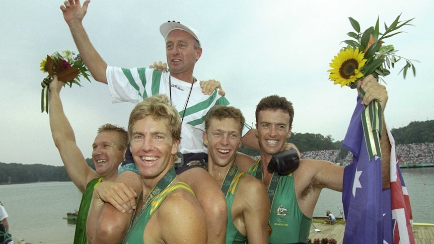 Golden years ... Noel Donaldson (centre-top) celebrates with the Oarsome Foursome in Atlanta.