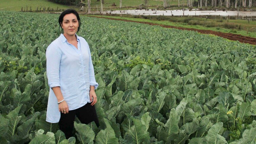 Emma Germano stands in a cauliflower crop on her Gippsland farm.