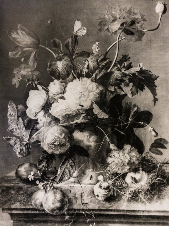 A black-and-white photocopy of the painting 'Vase of Flowers', a still-life by Dutch artist Jan van Huysum
