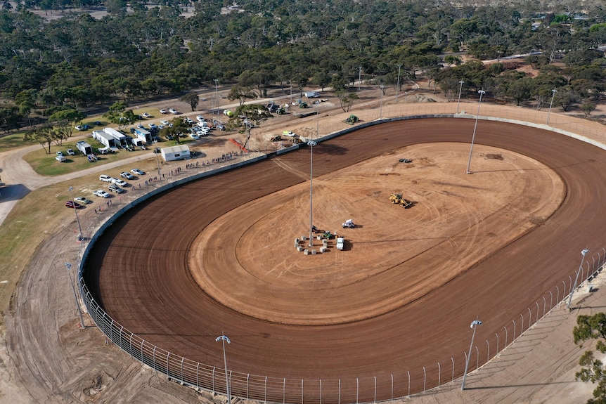 A photo taken from a drone of a dirt racetrack