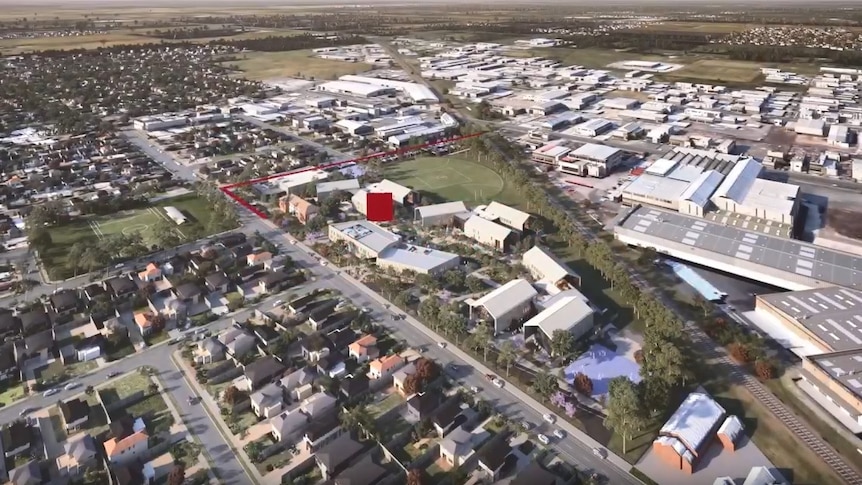 Birds eye view of Shepparton town showing what the Shepparton superschool will look like once built