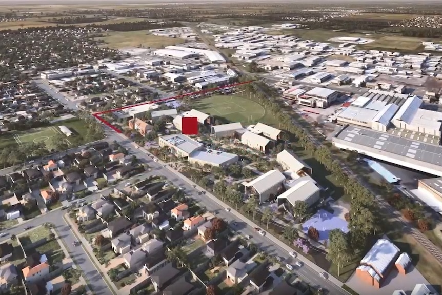 Birds eye view of a town showing what a superschool will look like once built.