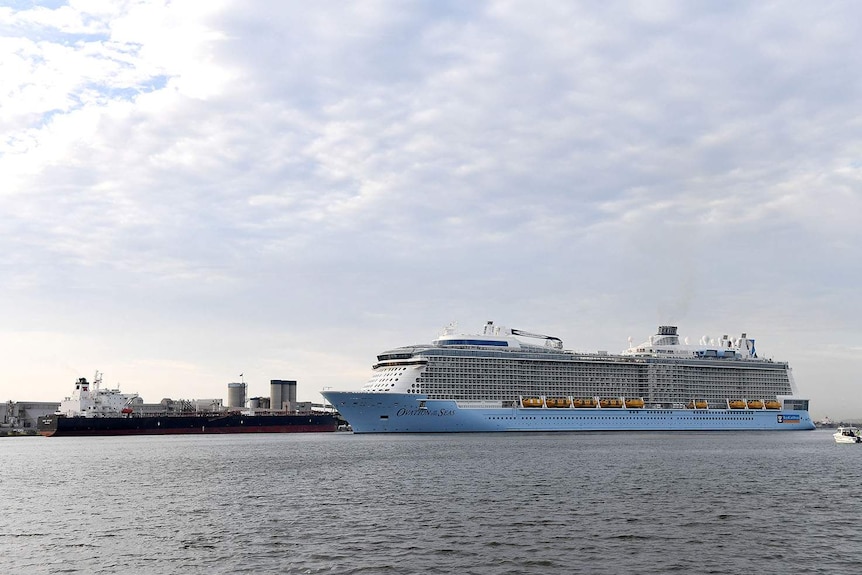 Cruise ship Ovation of the Seas is seen next to a bulk carrier as she docks at Fisherman island at the Port of Brisbane