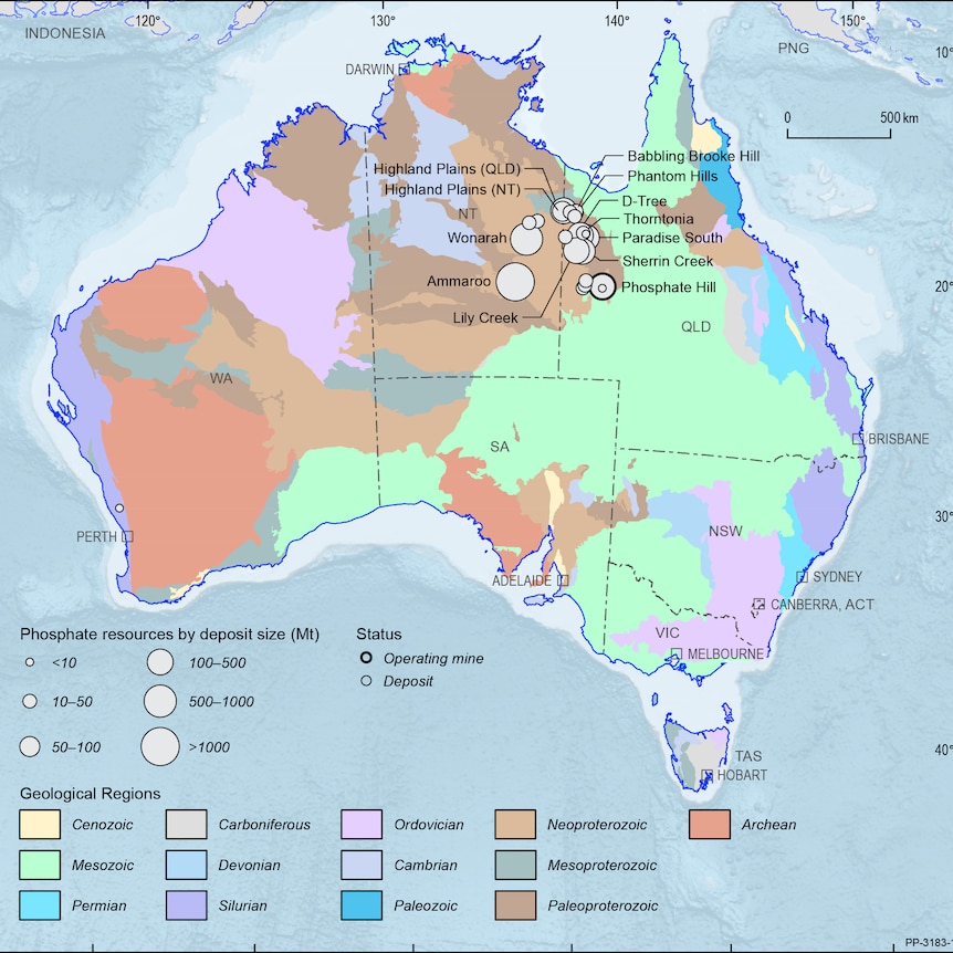 Un mapa que muestra los depósitos de fosfato en Australia.