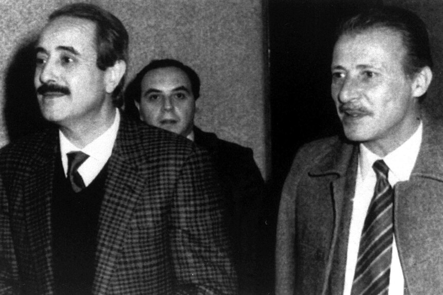 Ablack and white image of lawyers giovanni falcone and paolo borsellino