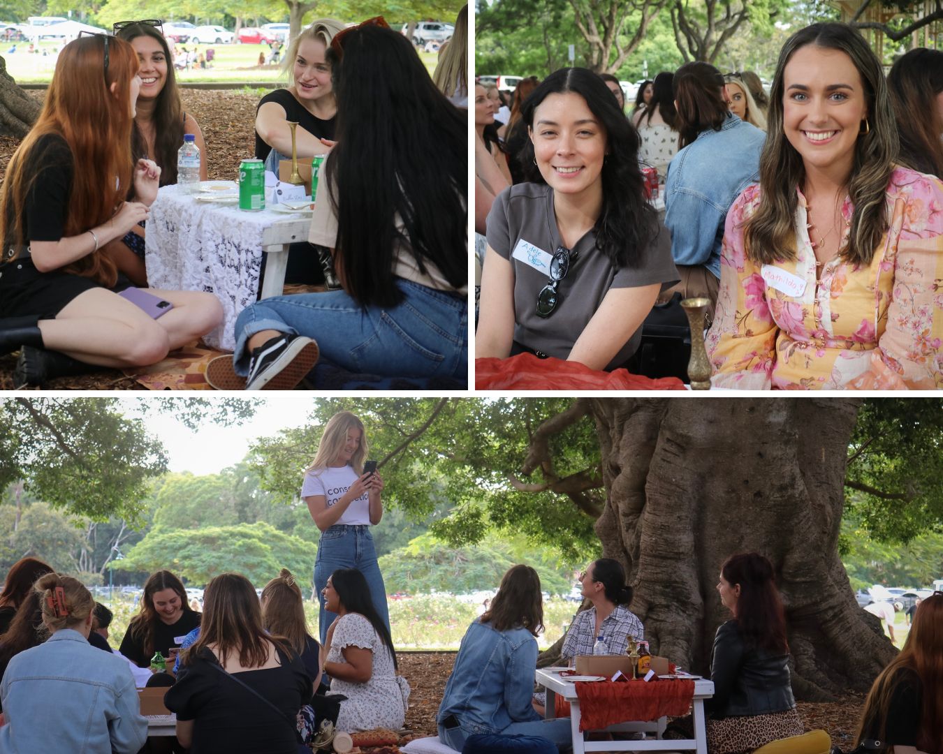 A collage of women sharing a picnic lunch in the park, laughing and taking photos together.