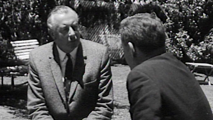 Gough Whitlam conducts a media interview in the backyard of his Cabramatta home.