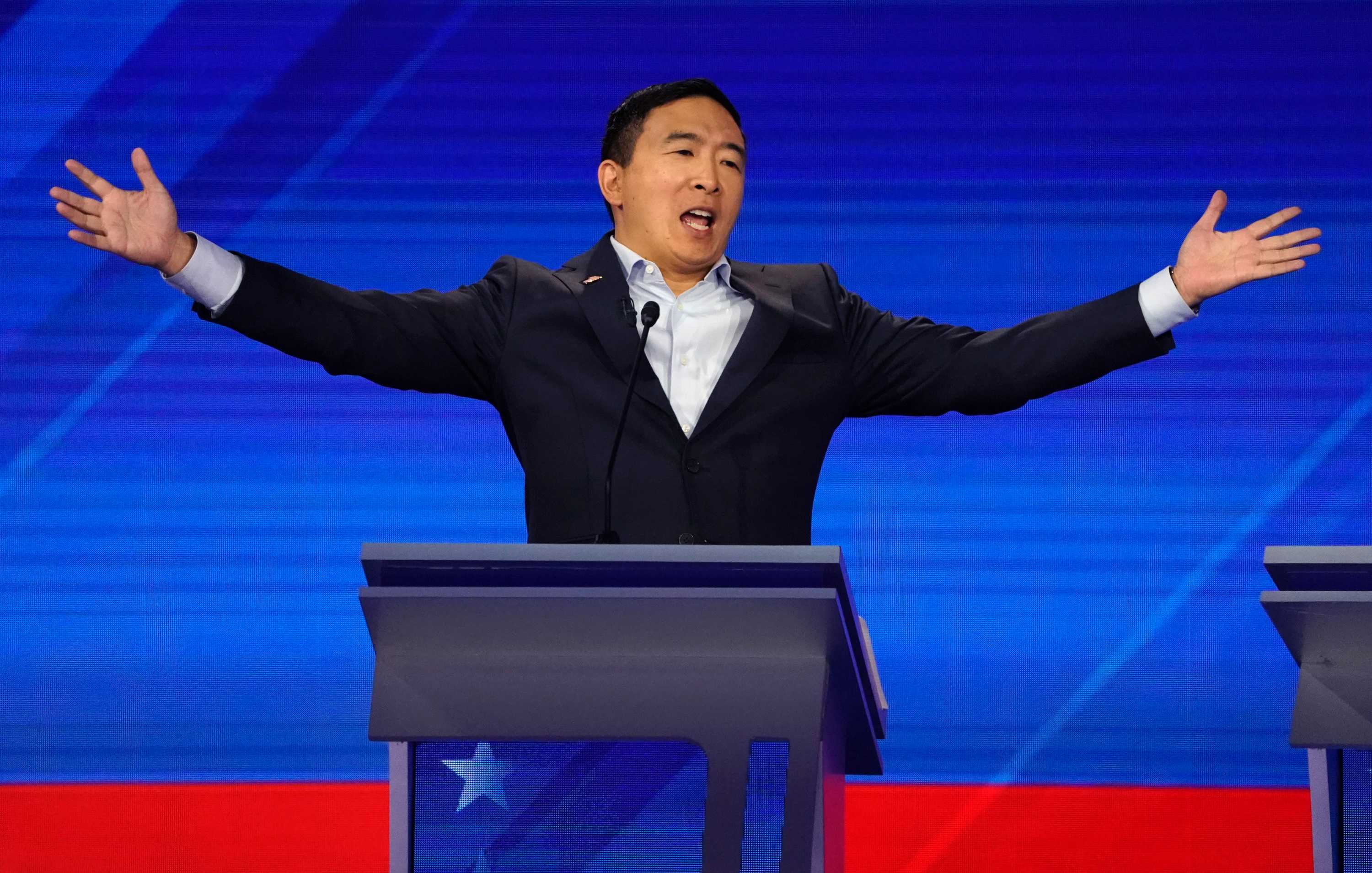 Entrepreneur Andrew Yang reacts at the 2020 Democratic U.S. presidential debate in Houston, Texas, U.S., September 12, 2019