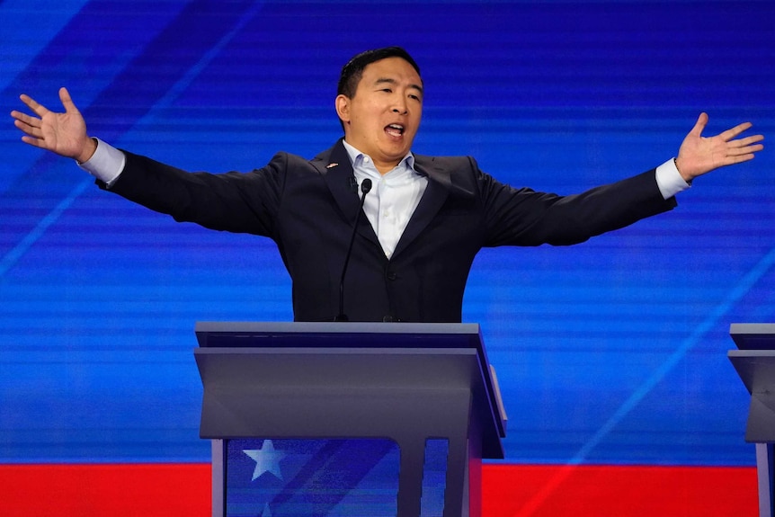 Entrepreneur Andrew Yang reacts at the 2020 Democratic U.S. presidential debate in Houston, Texas, U.S., September 12, 2019