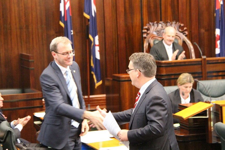 Michael Ferguson farewells Matthew Groom in the Tasmanian Parliament, November 30, 2017.