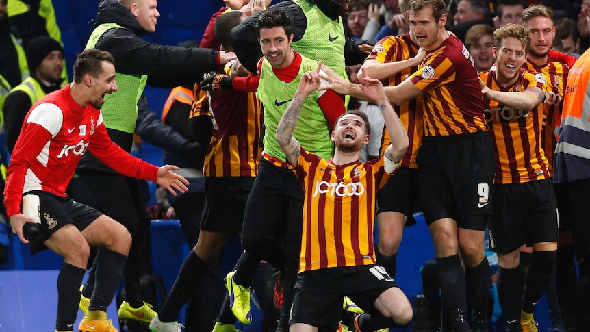 Bradford celebrates beating Chelsea in FA Cup