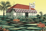 An illustration of a house surrounded by water and fish.