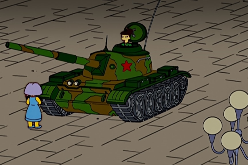 Selma stands in front of a tank being driven by a woman in Tiananmen Square. 