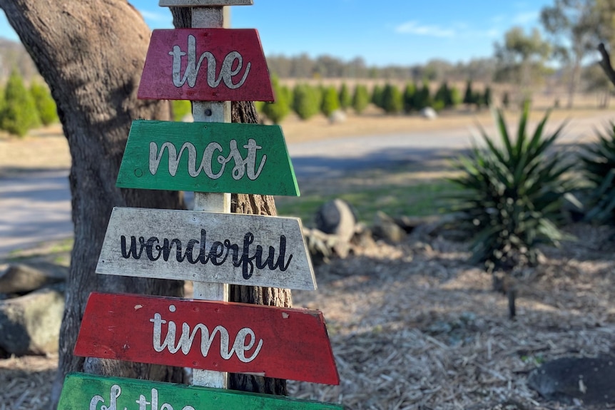 Wooden sign at the Frasers farm