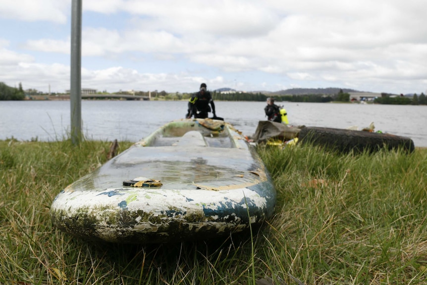 An old kayak pulled out of Lake Burley Griffin