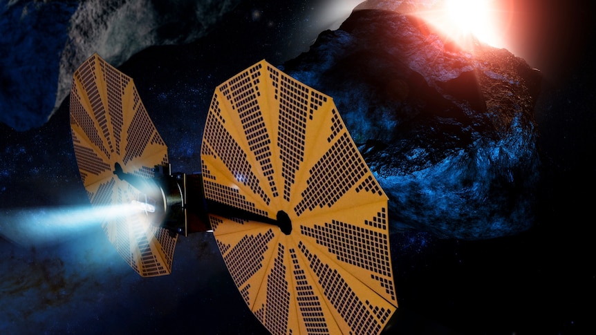 A graphic rendering of a spacecraft with two large circular solar panels, pictured against an asteroid with sunrise on one edge.