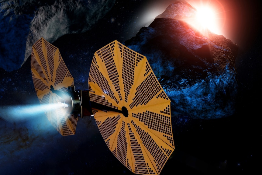 A graphic rendering of a spacecraft with two large circular solar panels, pictured against an asteroid with sunrise on one edge.