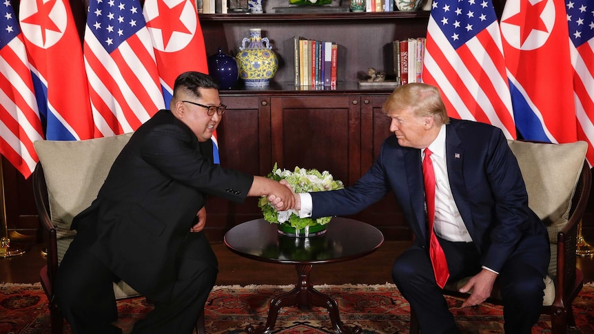 Kim Jong-un shakes hands with Donald Trump.