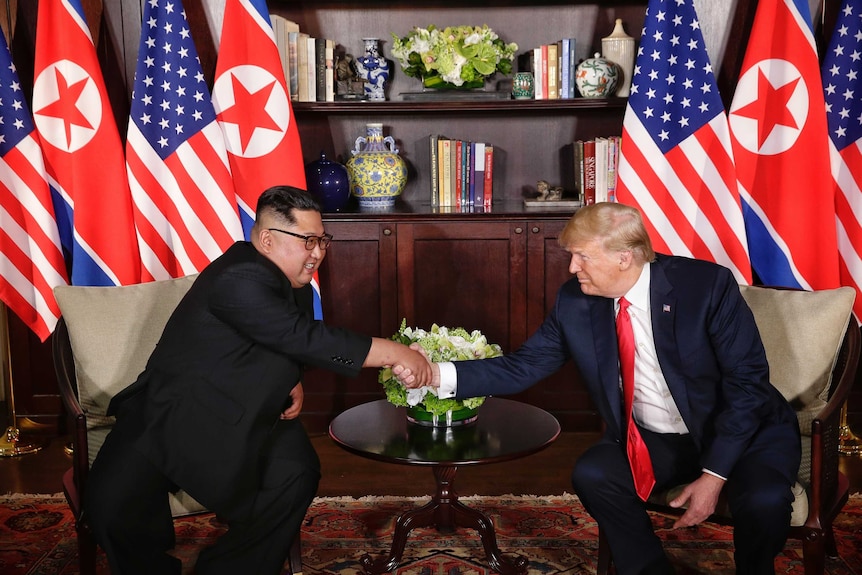 Kim Jong-un shakes hands with Donald Trump.