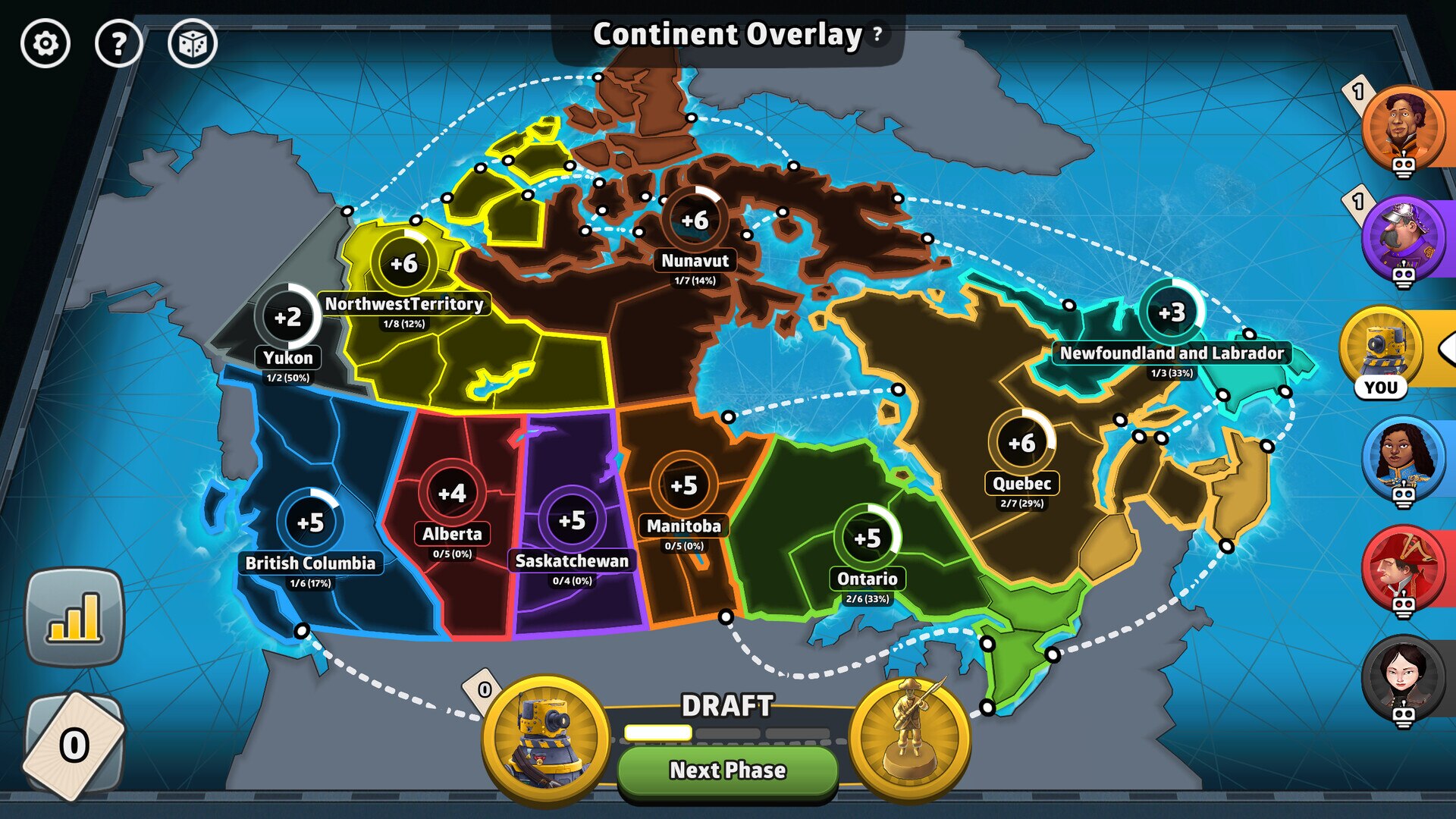 A screenshot of a map of Canada from the video game Risk Global Domination.