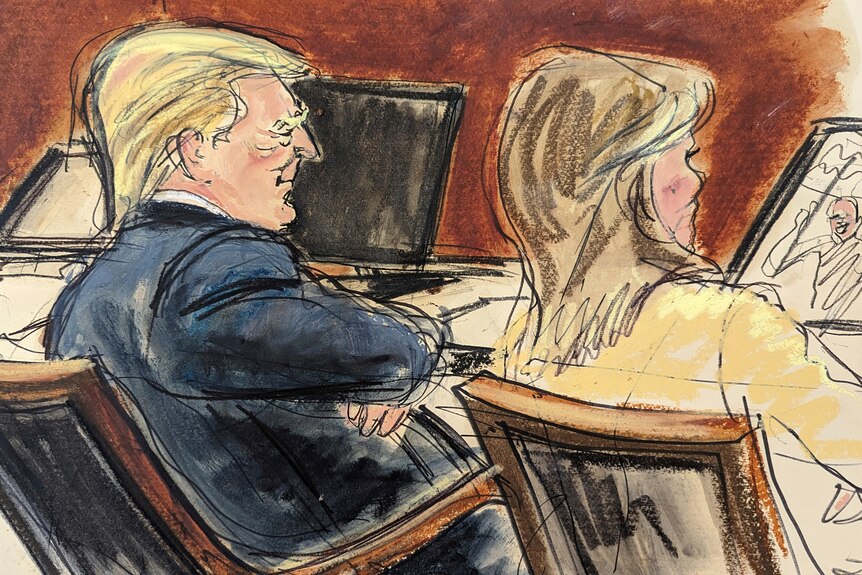 A sketch of Donald Trump folding his arm in a courtroom seated next to young female lawyer