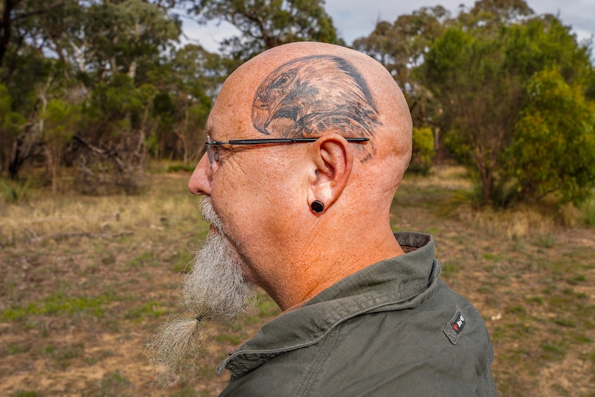 A black tattoo of an eagle is on the left side of a man's bald head.