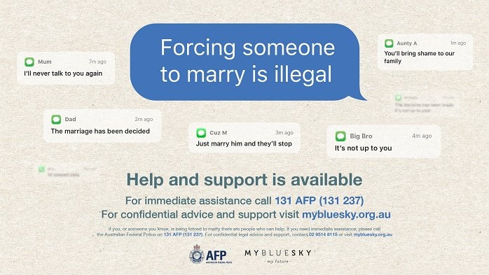 An AFP poster with a large messaging blue voice bubble saying 'Forcing someone to marry is illegal'