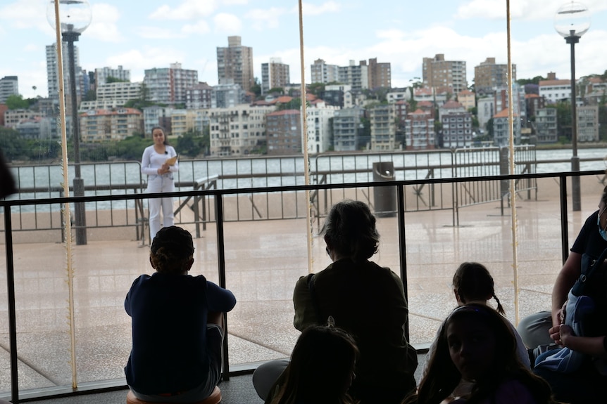 Silhouttes watch performer and harbour behind glass window