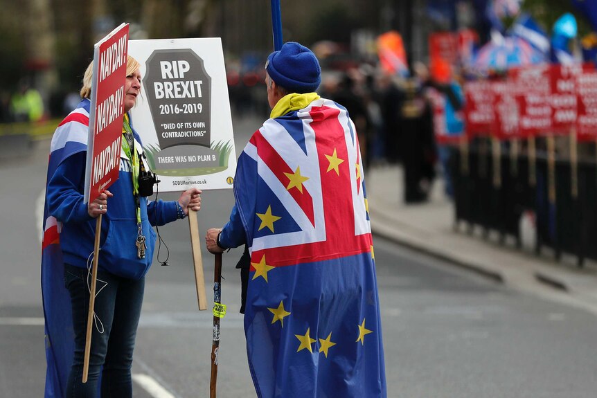 Two Brexit protesters dressed in flags and holding signs step away from larger protest group