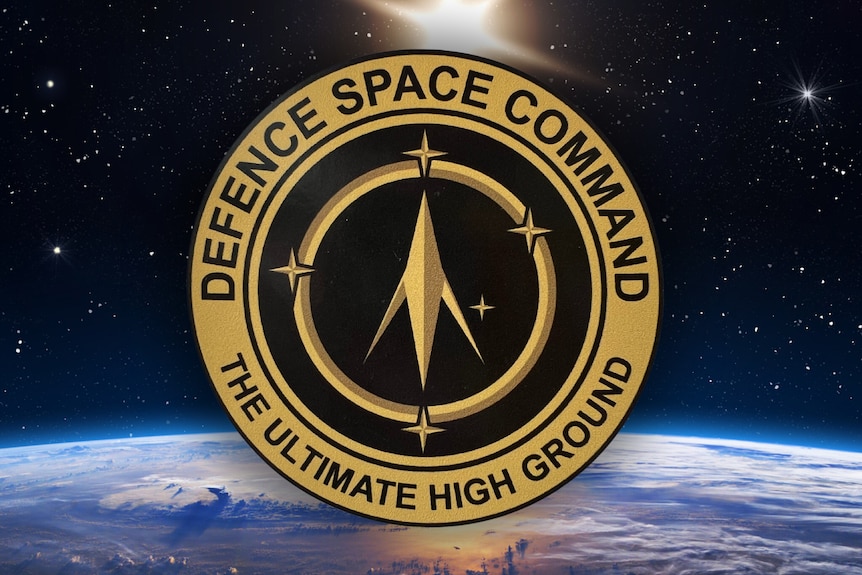 A circular military insignia, with 'Space Command' and 'The ultimate high ground' on its edges, superimposed over planet Earth.