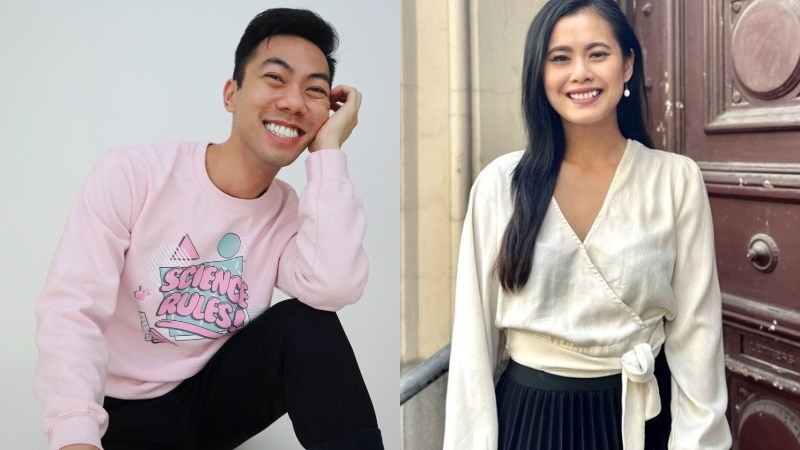 Picture of young Asian man with short hair in pink jumper and young asian woman with long hair in yellow top