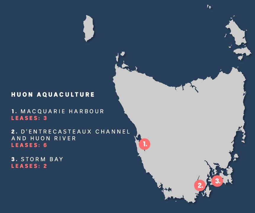 A map of Tasmania showing the location of 11 fish farm leases.