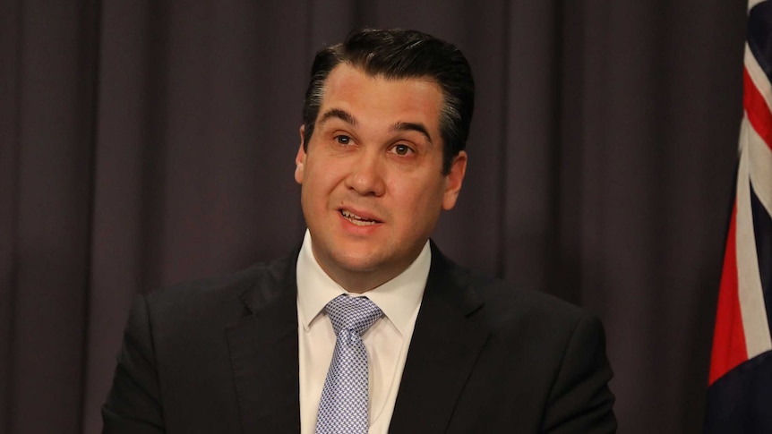 Assistant Minister to the Treasurer, Michael Sukkar holds a press conference in the Blue Room. He's wearing a white and blue tie