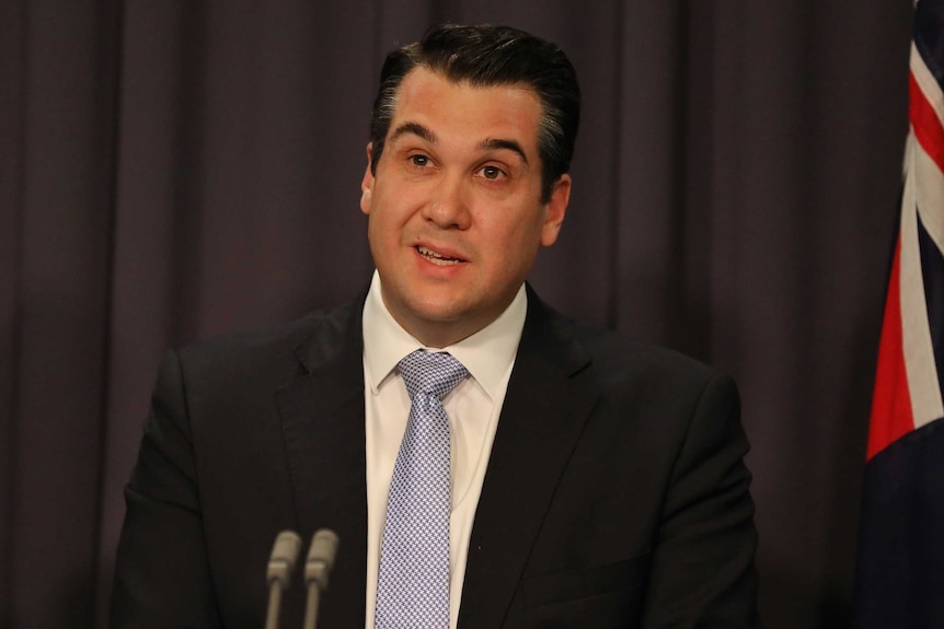 Assistant Minister to the Treasurer, Michael Sukkar holds a press conference in the Blue Room. He's wearing a white and blue tie