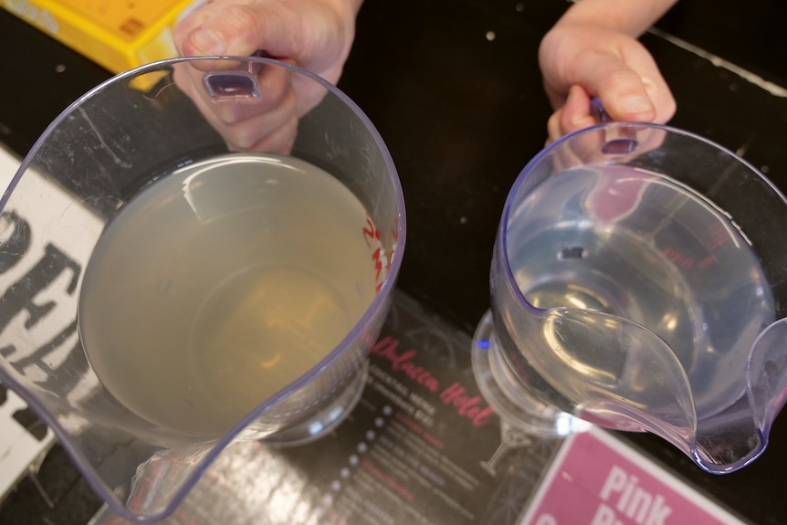 Two jugs of water, one is murky.