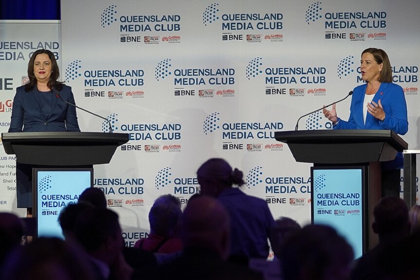 Annastacia Palaszczuk and Deb Frecklington on stage for a Queensland leaders debate