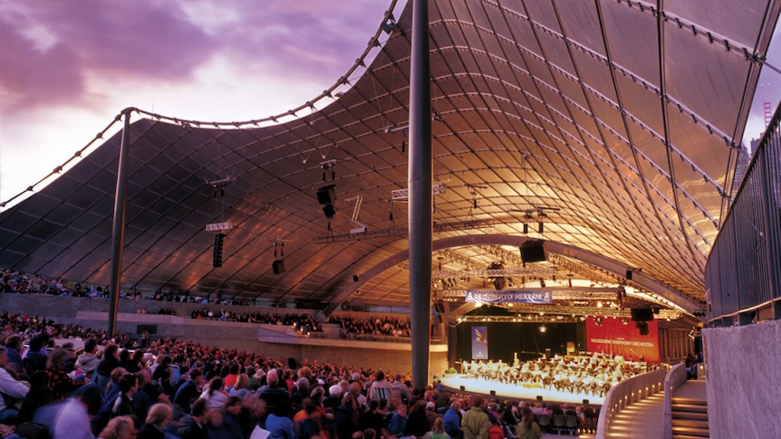 A purple sunset over the sails of the Sidney Myer Music Bowl in Melbourne.