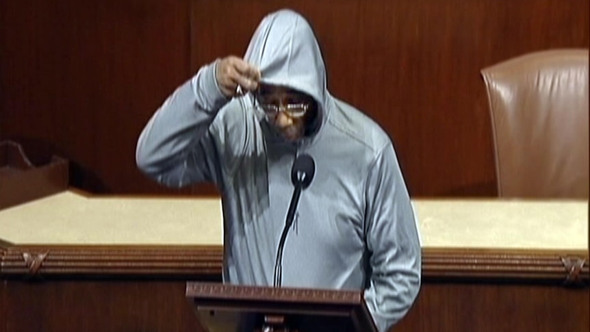 Bobby Rush wears a hoodie during his speech in the House of Representatives.