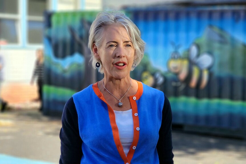 A middle-aged woman with grey hair and blue shirt looking at the camera.