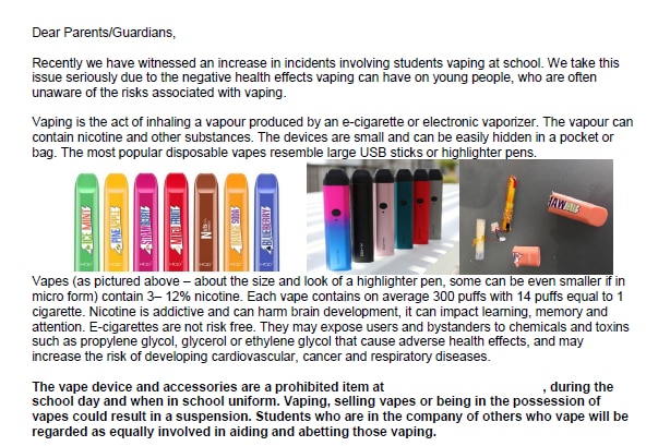 A photo of a school letter sent home to parents about the dangers of vaping