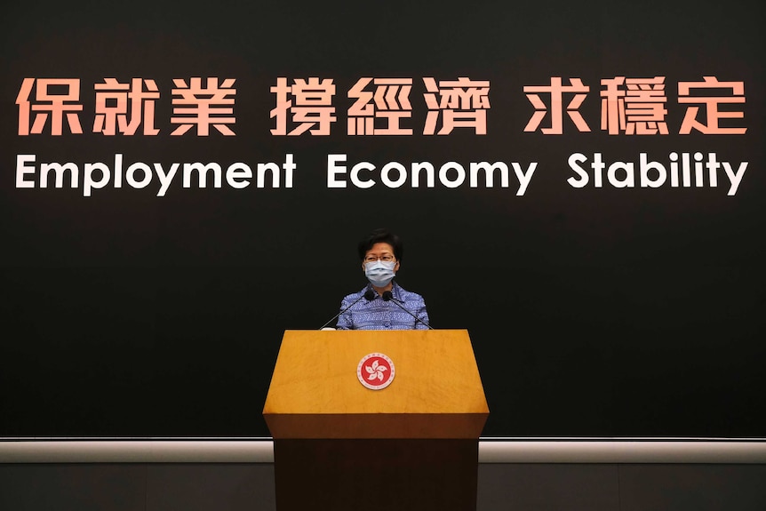 Carrie Lam, wearing a mask, delivers a speech in front of a banner that reads: employment, economy, stability.