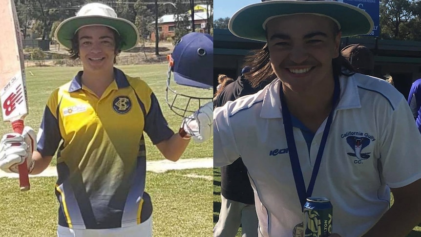 Two photos of a happy teenager in cricket gear