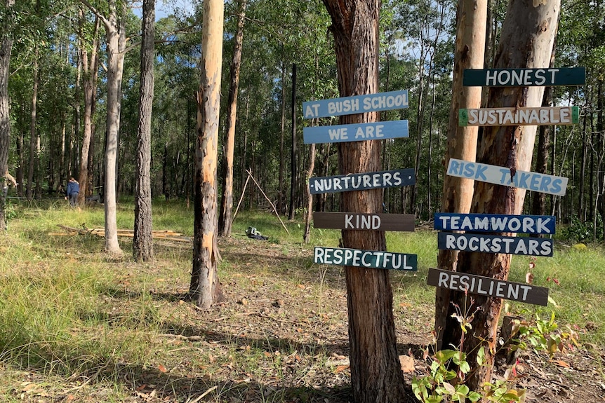 Signs on gum trees describing the bush school as 'kind' and 'respectful'.